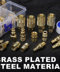 One Quarter Inch Air Hose Fittings Kit With Quick Connect Couplers And Plugs, 45 Piece Brass Plated Steel Set shown with Teflon tape
