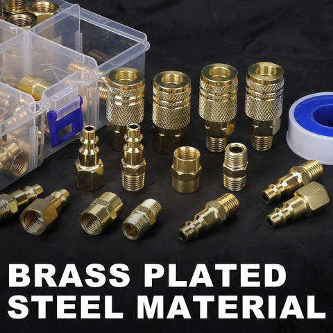 One Quarter Inch Air Hose Fittings Kit With Quick Connect Couplers And Plugs, 45 Piece Brass Plated Steel Set shown with Teflon tape
