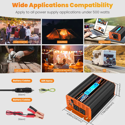 Badass Five Hundred Watt Pure Sine Wave Power Inverter Converts 12V Dc Into 120V Ac For Your Rv Rig Or Off Grid Setup Featuring Type C Port And Bright Lcd Screen Display shown in camping and outdoor applications.