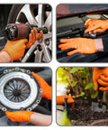 Image showing Built Tank Tough Heavy Duty 8 Mil Orange Nitrile Work Gloves in use for mechanic and gardening tasks.
