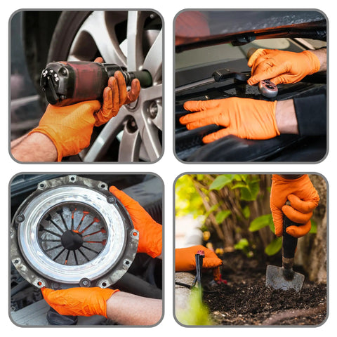 Image showing Built Tank Tough Heavy Duty 8 Mil Orange Nitrile Work Gloves in use for mechanic and gardening tasks.