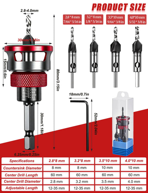 Heavy Duty Countersink Drill Bit Set With Adjustable Depth Stop Collar For Swift Wood And Metal Jobs showing bit sizes and specifications.