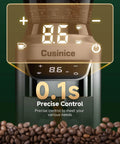 Close-up of Conical Burr Coffee Grinder For Home Use With 34 Grind Settings displaying 0.1s precise timer and touchscreen control