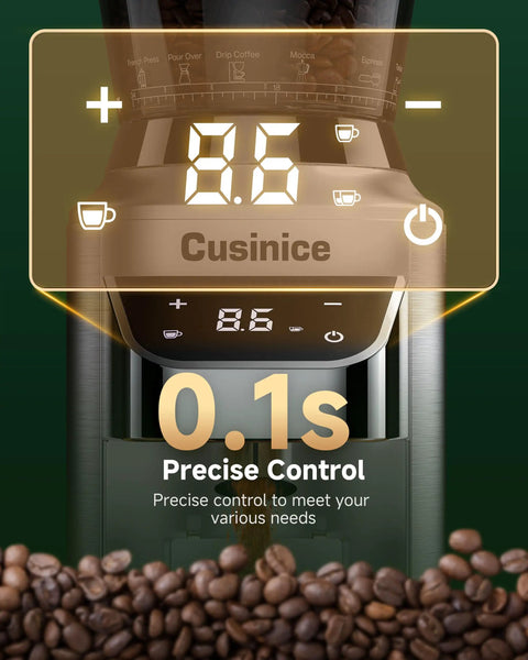 Close-up of Conical Burr Coffee Grinder For Home Use With 34 Grind Settings displaying 0.1s precise timer and touchscreen control