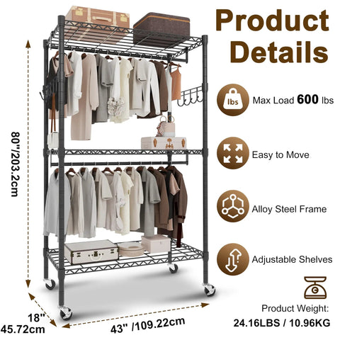 Clear View Clothes Closet With 3 Way Zipper Front, Heavy Duty Epoxy Metal Frame, Locking Wheels, Dustproof Moisture Guard