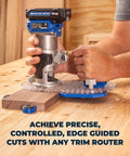 Top Shelf Trim Router Edge Guide With An Ergonomic Grip For Bullseye Precision On Standard Wood Routers being used for precise cuts.