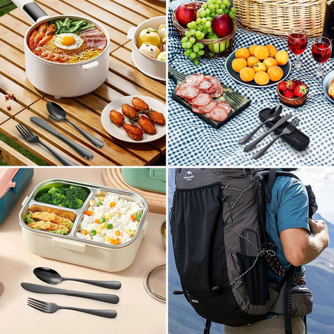 Grab And Go 4 Piece Stainless Steel Travel Utensils Set with Reinforced Buckle Case for Camping, Work, or School, Black.