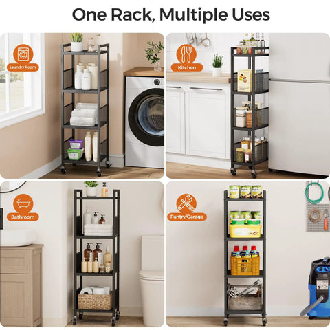 Expandable 4 Tier Slim Storage Cart On Wheels In Black With Adjustable Width From 8.3 To 12.6 Inches in laundry, kitchen, bathroom, garage