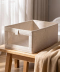 Three Pack Clothes Storage Bins With Clear Window Handles And Multi Purpose Fabric Organizers For Closet Linen Pants Books Home Room Makeover Straight Up Game Changer To Keep Your House Tight With Zero Stress Vibes And Smooth Daily Operation, beige fabric storage bin on wooden table.
