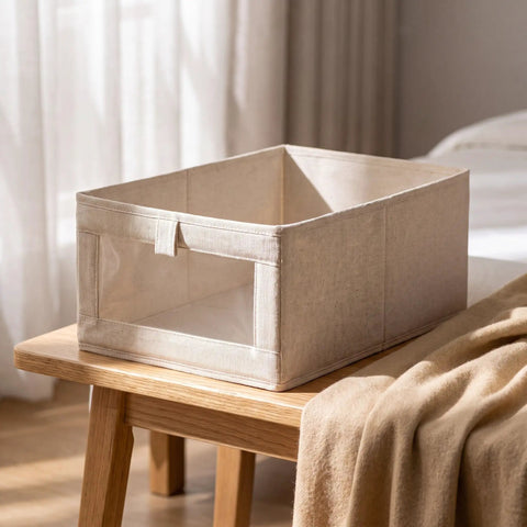 Three Pack Clothes Storage Bins With Clear Window Handles And Multi Purpose Fabric Organizers For Closet Linen Pants Books Home Room Makeover Straight Up Game Changer To Keep Your House Tight With Zero Stress Vibes And Smooth Daily Operation, beige fabric storage bin on wooden table.