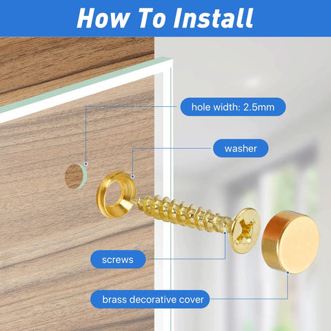 How to install 16 Pack Sweet Looking Brass Decorative Screw Caps And Covers Half Inch with screws and washers on wood.