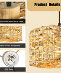 Close-up of Natural Rattan Chandelier With Handwoven Wicker Pendant Light, showing lampshade texture and E26 base.