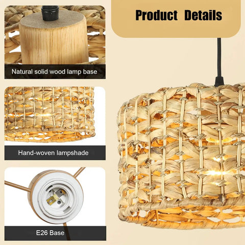 Close-up of Natural Rattan Chandelier With Handwoven Wicker Pendant Light, showing lampshade texture and E26 base.