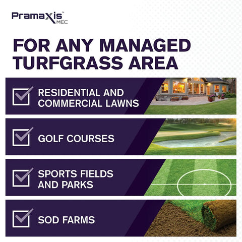 Pramaxis MEC Plant Growth Regulator For Lawn 8 Oz With 11.3 Percent Trinexapac Ethyl uses include lawns, golf courses, sports fields.