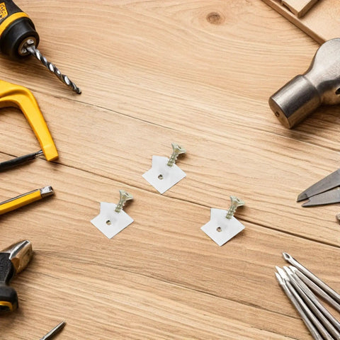 Space Saver 50 Pcs Drawer Support Wedges With Screws arranged on a wooden surface with tools for kitchen cabinets and office desks.