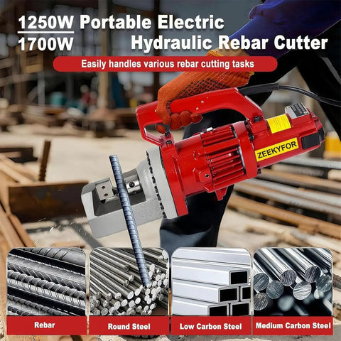 Huge Power Electric Hydraulic Rebar Cutter, Portable Steel Iron Rod Cutting Tool, 1250W, cuts rebar and steel efficiently.