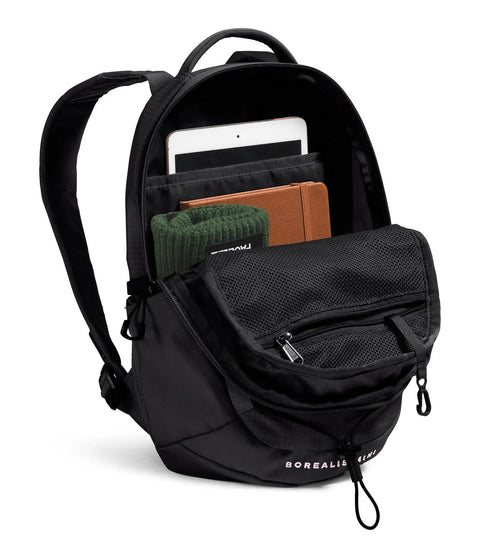 Borealis Mini Backpack, 10 Liter City Daypack With Front Bungee System, open view with contents inside, durable zippers visible