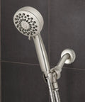 High Pressure Handheld Shower Head With 5 Foot Hose PowerPulse Massage 7 Spray Modes Chrome Finish mounted on shower wall