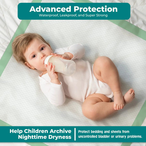 Heavy Duty Disposable Adult Bed Pads Super Absorbent Extra Large Incontinence And Pet Care No Sweat Worry Free Leak Seal Protection Top Shelf 50 Count Bundle For Stress Free Daily Living, baby on pad with bottle.