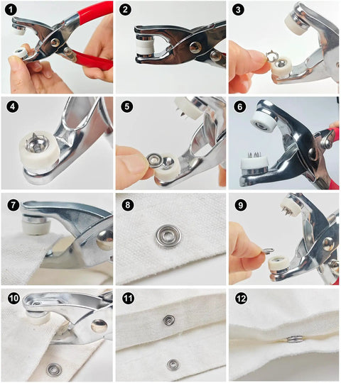 Step-by-step use of 200 Piece Metal Snap Fasteners Kit With Tool 9.5mm No Sew Open Ring Prongs Rustproof And Machine Washable