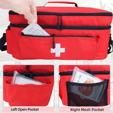 ALSLEA red large empty first aid bag with shoulder strap, 16×9.5×7 in, multiple zip pockets and white cross emblem