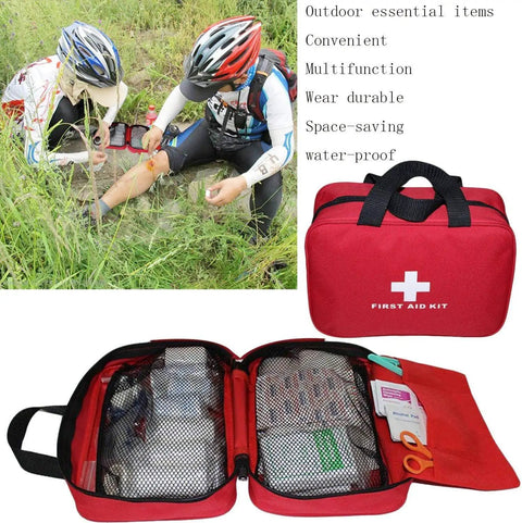 Portable Red Grab And Go First Aid Kit With Bandages Gauze And Care Accessories, emergency supplies shown in bag and outdoors