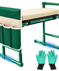 Beefy 500LB Capacity Garden Kneeler And Seat, foldable stool with soft kneeling pad and side pockets, shown with gardening gloves.