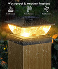 Outdoor Solar Post Cap Lights 6 Pack With Two Modes Warm White And Cool White IP65 Waterproof Deck Lighting on wood post in rain