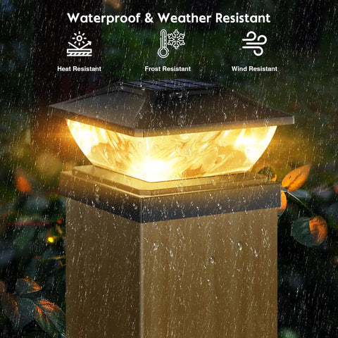 Outdoor Solar Post Cap Lights 6 Pack With Two Modes Warm White And Cool White IP65 Waterproof Deck Lighting on wood post in rain