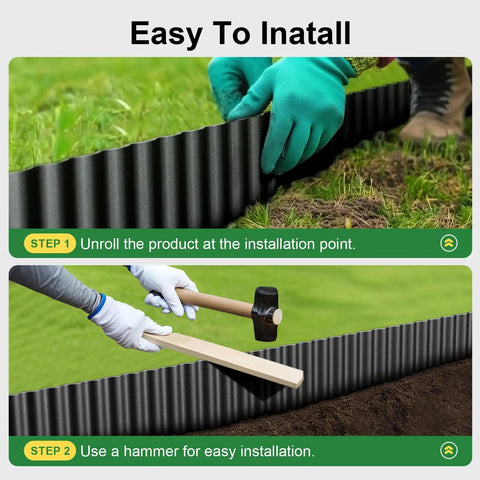 Heavy Duty Galvanized Garden Edge Border 6 Inch By 50 Foot Black Corrugated Lawn Edging being installed with gloves and hammer