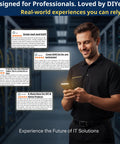 Smiling technician reading reviews on All In One Ethernet Crimp Tool Kit With Carrying Case Pass Through Crimper in server room