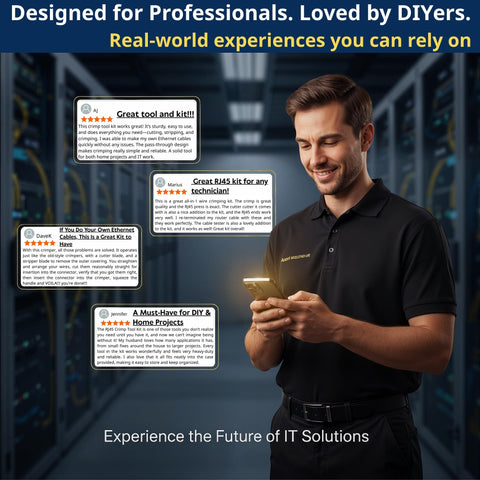 Smiling technician reading reviews on All In One Ethernet Crimp Tool Kit With Carrying Case Pass Through Crimper in server room