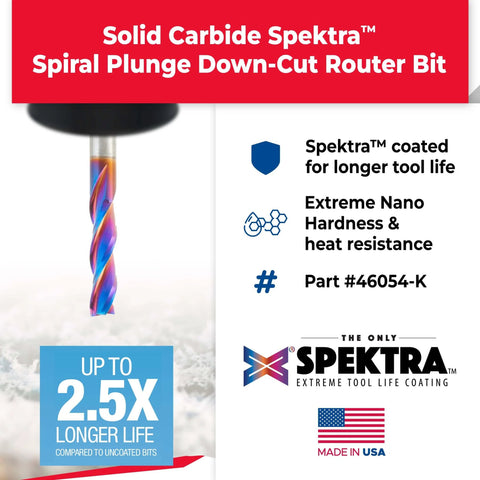 Spektra Extreme Tool Life Solid Carbide CNC Down Cut Spiral Plunge Router Bit Three Flutes For Clean Plunges And Precision Cuts One Quarter Inch Diameter One Quarter Inch Shank Two And One Half Inch Long Pro Grade Coated For Heat Resistance Built To Last, shown with coating details and American flag.