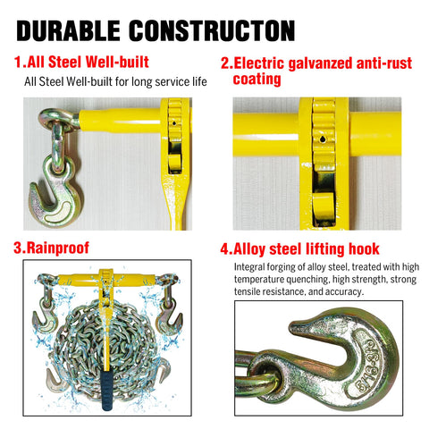 Heavy Duty Ratchet Load Binder and Chain Set 5/16 to 3/8 Inch G80 Chains, secure durable construction with steel hook