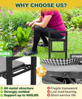 A garden scene featuring a 2-In-1 Foldable Garden Kneeler And Seat with Extra Wide 12.6 Inch Cushion, supporting up to 400 lbs, and comparison images.