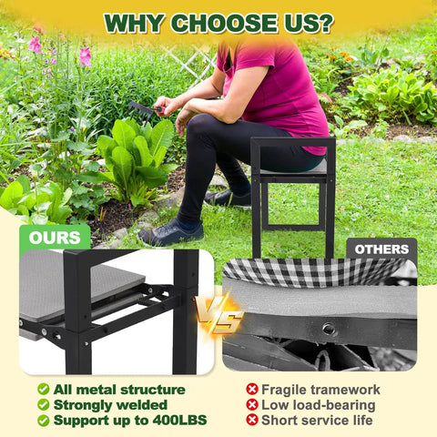 A garden scene featuring a 2-In-1 Foldable Garden Kneeler And Seat with Extra Wide 12.6 Inch Cushion, supporting up to 400 lbs, and comparison images.