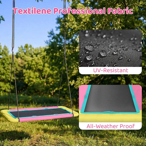 60 Inch Rectangle Platform Tree Swing For Kids And Adults, Giant Flying Swing With Adjustable Hanging Straps, Waterproof Textilene Fabric shown in garden setting