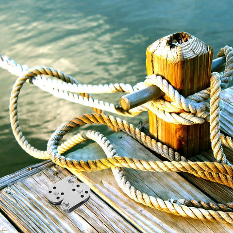 Dock with coiled rope and Beefy Stainless Steel Marine Pulley Kit For Kayaks And Canoes, Heavy Duty Load Bearing Boat Hardware in background