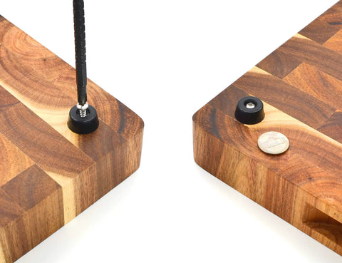 Non Slip Rubber Feet For Cutting Boards With Stainless Screws 12 Pack on wood boards, screws being installed