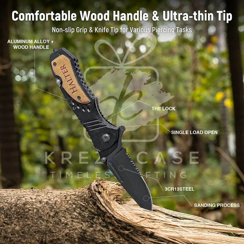 Personalized Groomsmen Pocket Knife Gift For Best Man And Groom custom engraved folding knife with wood handle and blade.