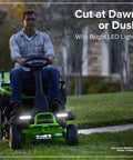 80V 30 Inch Cordless Riding Lawn Tractor With Four 6Ah Batteries And 600W Charger Delivers Gas Like Torque With Zero Emissions For Quiet Low Maintenance Yard Work On Medium Lawns, front view with LED lights on
