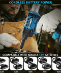 Powerful Cordless Rivet Gun Compatible With Makita 18V Battery featuring a blue design, being used by a man wearing gloves.