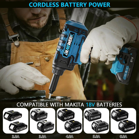 Powerful Cordless Rivet Gun Compatible With Makita 18V Battery featuring a blue design, being used by a man wearing gloves.