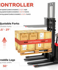 Heavy Duty Electric Walkie Pallet Stacker With 3300 Lb Capacity And 10 Ft Lift Height Using Adjustable Forks 5.5 to 27 inch shown with load.