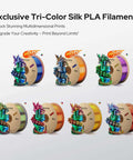 Triple Color Gradient Silk PLA Filament 1.75mm For Ender 3 V2 And More, 1Kg Spool, Red Blue Green with vibrant lithophane dragon models