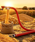 Heavy Duty Portable Grain Suction Auger Screw Conveyor With 16 Ft Flexible Hose transferring corn into a burlap sack in a field.