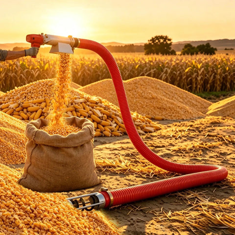 Heavy Duty Portable Grain Suction Auger Screw Conveyor With 16 Ft Flexible Hose transferring corn into a burlap sack in a field.