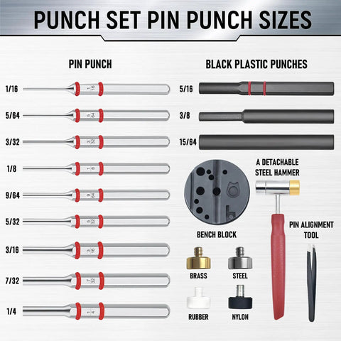 Heavy Duty Pin And Roll Pin Punch Set With Interchangeable Hammer Heads Including Steel Brass Rubber And Nylon Tips Durable Punches Bench Block And Compact Storage Case For Pro Mechanical Repairs shown in size chart.
