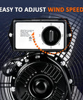 Control panel of Heavy Duty Thirty Inch Drum Fan Packs A Boss 550W Motor Pumping Insane 14000 CFM Airflow with speed settings.
