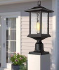 Outdoor Dusk to Dawn Post Light 21 Inch Exterior Lamp Post Lantern with pier mount base, black cast aluminum, water glass.